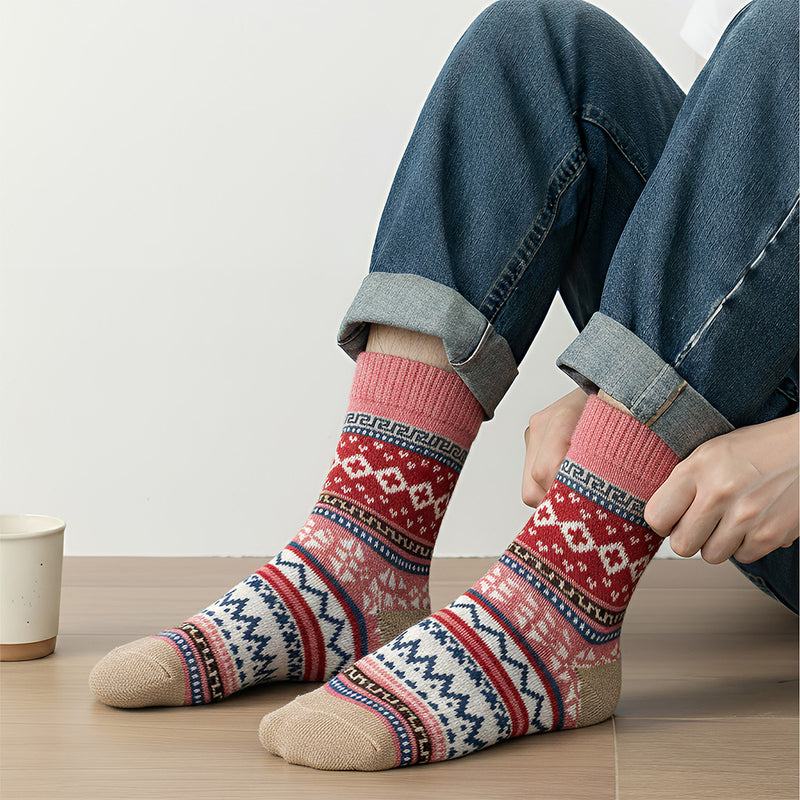 Anyfootwear 5 Pairs Winter Thick Warm Wool Socks – Mix Color Warm & Casual National Wind-Flowers Socks Size 5–9