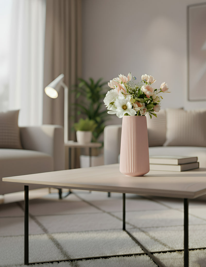 ANYDECO Flower Vase Pink Large Ribbed Nordic Style Pot Living Room Decor