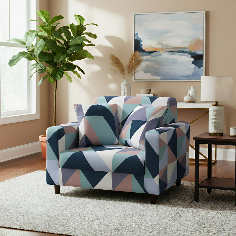 Anyseat 4-Seater Sofa Cover – Blue White Geometric Style Slipcover for Living Room Chair Protection