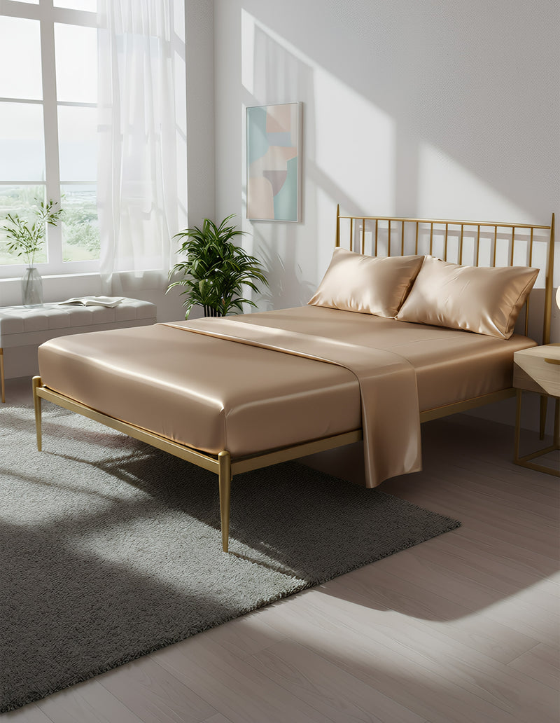 Anycozy Fitted Sheet 180x200cm Camel Luxury Silky Beddings Set with Pillow Cases