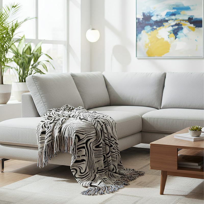 Anycozy Throw Blanket Faux Cashmere Sofa Cover Black Water Waves Pattern Tassel Soft Picnic Camping Mat 130*160cm