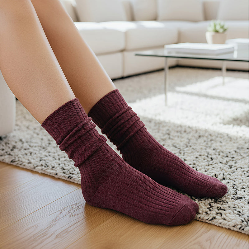 Anyfootwear 5 Pairs One Size 36-43 Purple Retro Long Knitted Socks Cotton Autumn Winter Solid Color Women Student Girls
