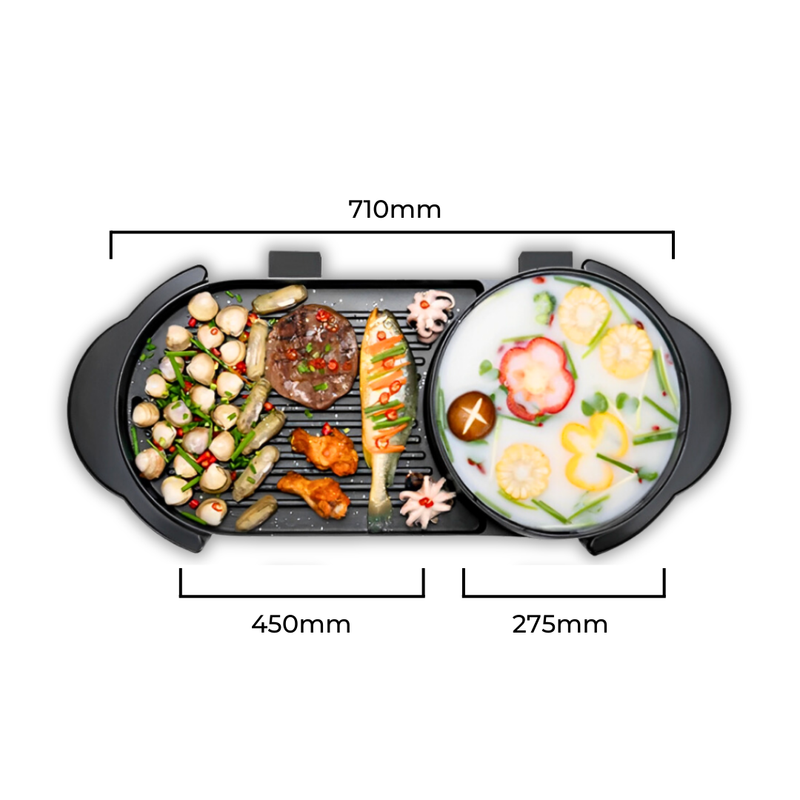 2 in 1 Electric Non-Stick BBQ Teppanyaki Grill Plate Steamboat Hotpot 2-8 Person