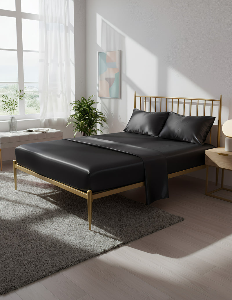 Anycozy Fitted Sheet 180x200cm Black Luxury Silky Beddings Set with Pillow Cases