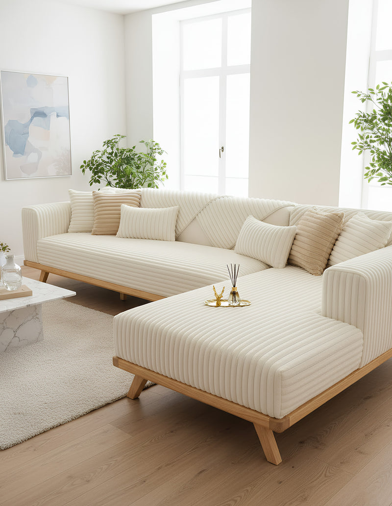 Anyseat Sofa Towel Super Soft Linear Beige Rabbit Plush Quilted Couch Cover L-shaped Sectional Anti-slip Sofa Cover