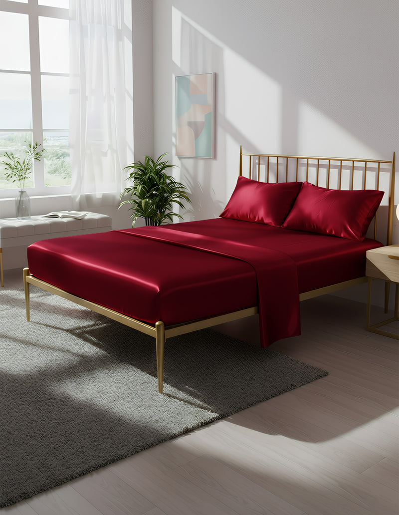 Anycozy Fitted Sheet King Size Winered Luxury Silky Beddings Set with Pillow Cases