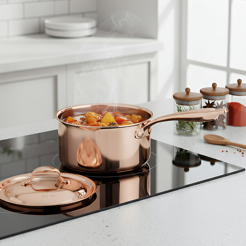 Anygleam Rosegold 304 Stainless Steel Saucepan – Small Milk & Soup Pot with Lid, Long Handle, Thickened Base, Induction Compatible Dormitory Cookware