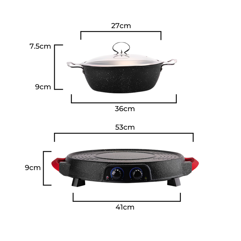 2 in 1 Electric Stone Coated Teppanyaki Grill Plate Steamboat Hotpot