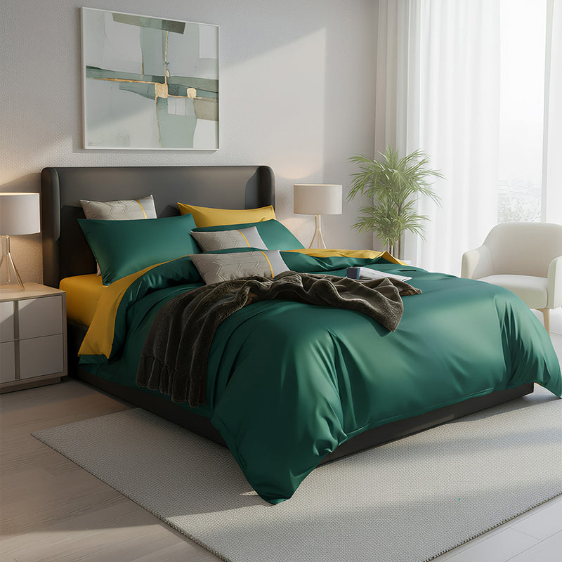 Anycozy Duvet Comforter Set Full Deep Green/ Yellow Egyptian Cotton Thick Blanket Bedspread 4 Pcs Bed Set