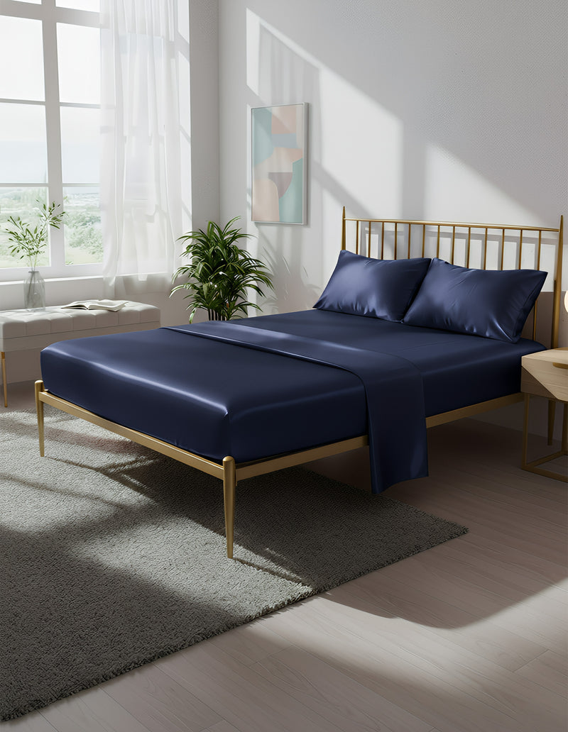 Anycozy Fitted Sheet Queen Size Blue Luxury Silky Beddings Set with Pillow Cases