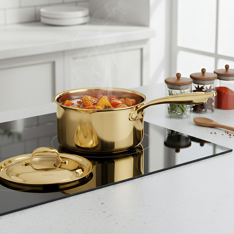 Anygleam Gold 304 Stainless Steel Saucepan – Small Milk & Soup Pot with Lid, Long Handle, Thickened Base, Induction Compatible Dormitory Cookware