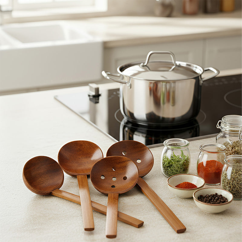 Anygleam Brown 4pcs Wooden Strainer Soup Spoon Kitchen Tableware