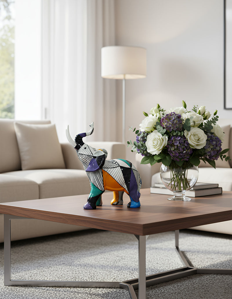 ANYDECO Figurine Medium Abstract with Geometric Graffiti Elephant Sculpture Nordic Resin Statue Decor