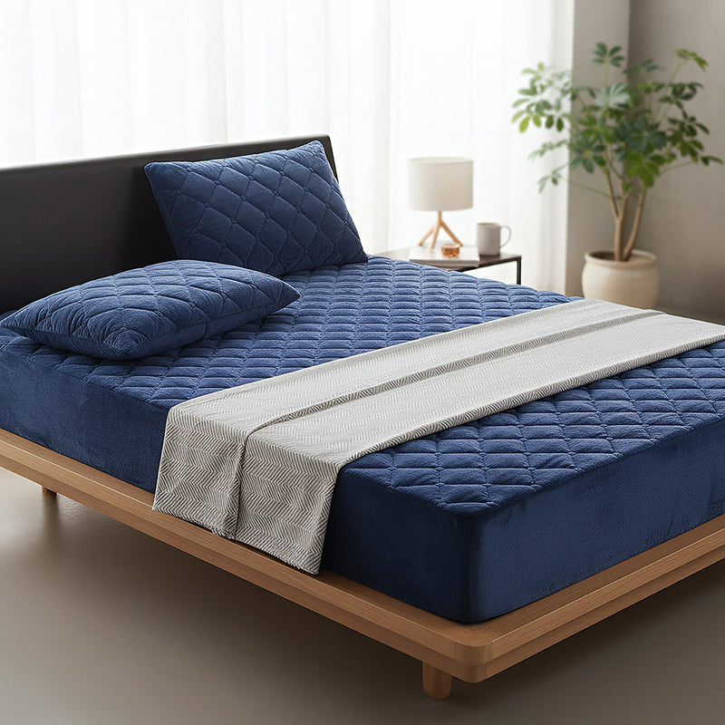 Anycozy Mattress Cover Navy Blue King Size Crystal Velvet Thicken Quilted Warm Soft Plush Bed Sheet