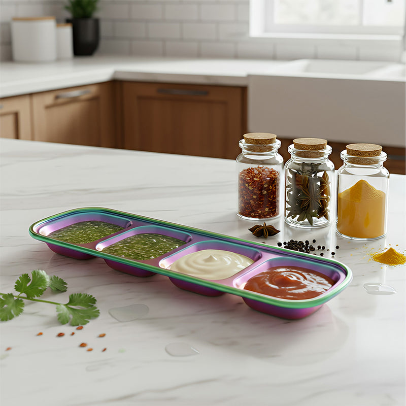 Anygleam Pink Rainbow Stainless Steel 4-Grid Sauce Dish – Seasoning & Dipping Plates for Kitchenware