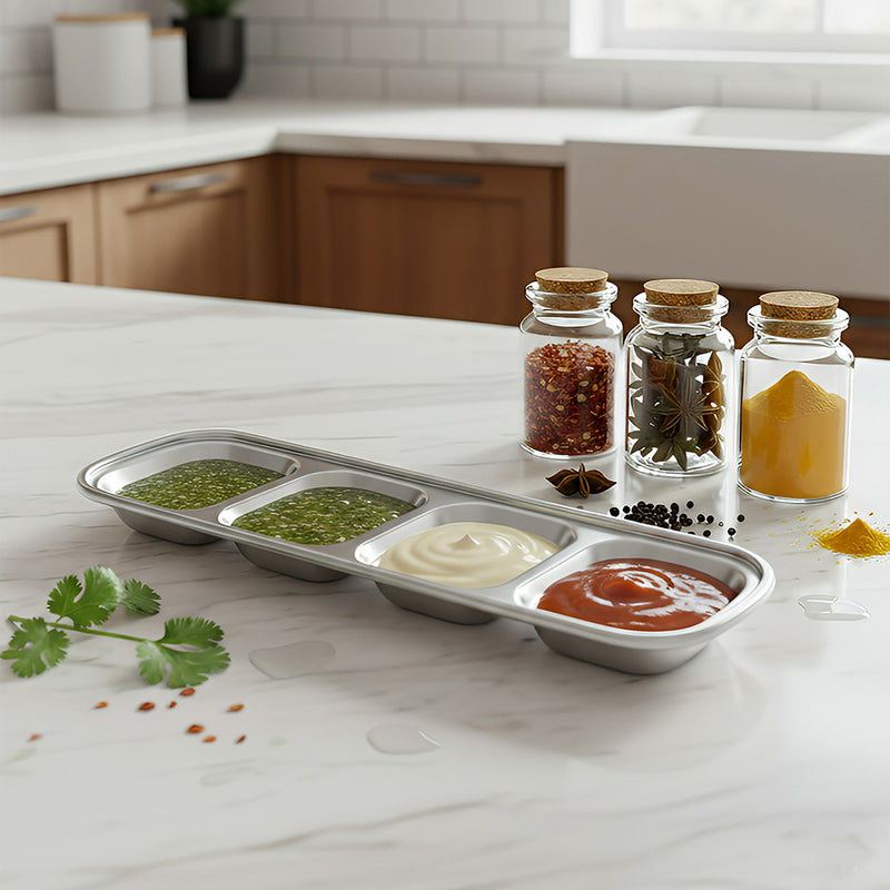 Anygleam Silver Stainless Steel 4-Grid Sauce Dish – Seasoning & Dipping Plates for Kitchenware