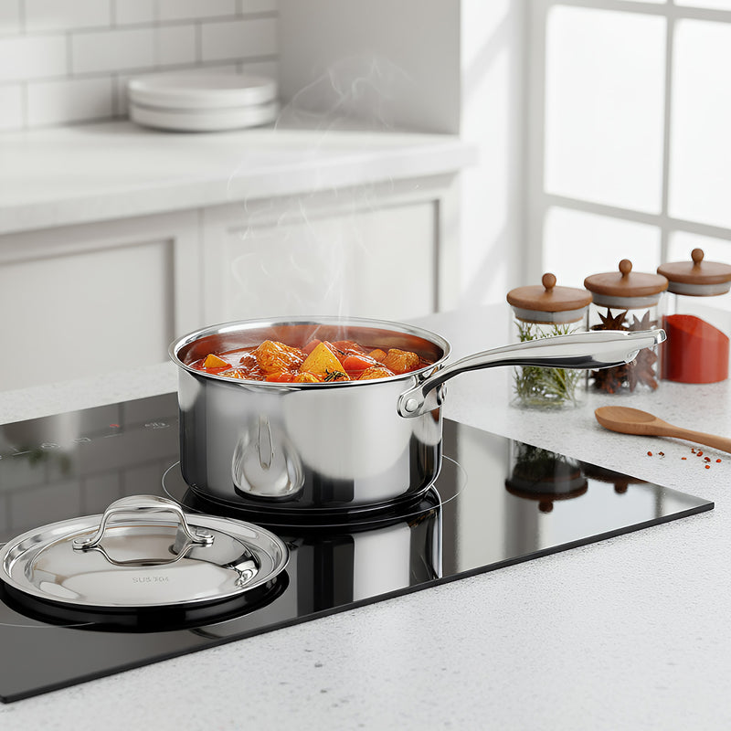 Anygleam Silver 304 Stainless Steel Saucepan – Small Milk & Soup Pot with Lid, Long Handle, Thickened Base, Induction Compatible Dormitory Cookware