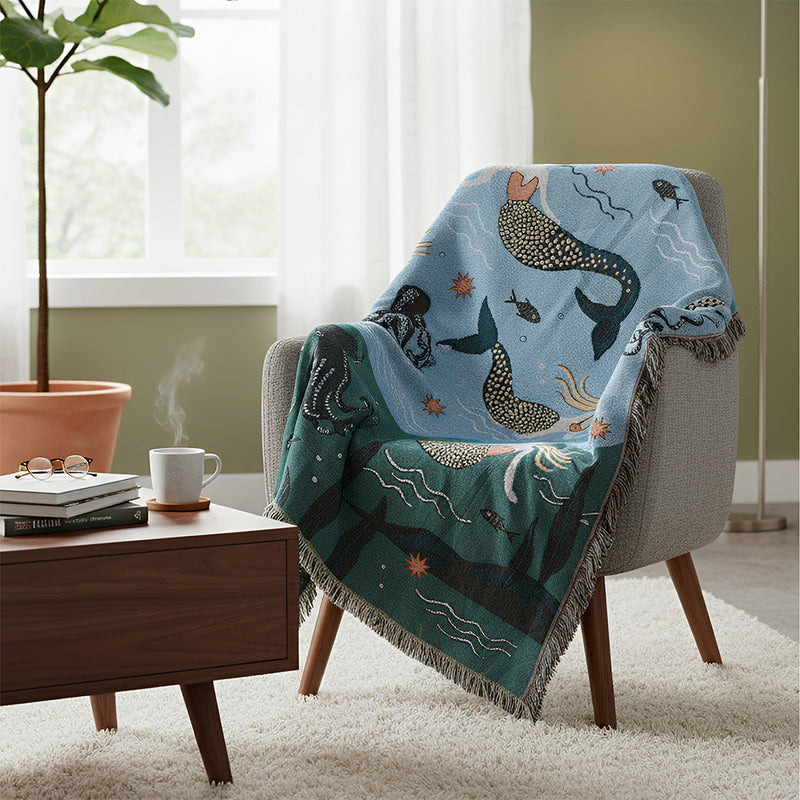 Anycozy Throw Blanket Blue Faux Cashmere Sofa Cover Mermaid Pattern Tassel Soft Picnic Camping Mat130*160cm