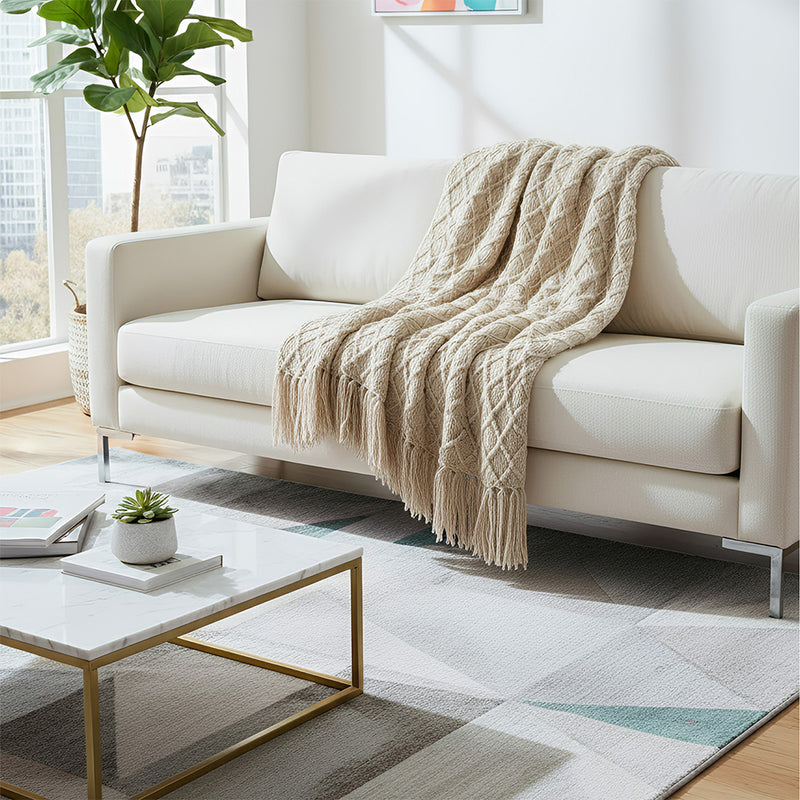 Anycozy Beige Faux Cashmere Throw Blanket Nordic Knit Plaid – Soft Warm Decorative Couch & Bed Cover