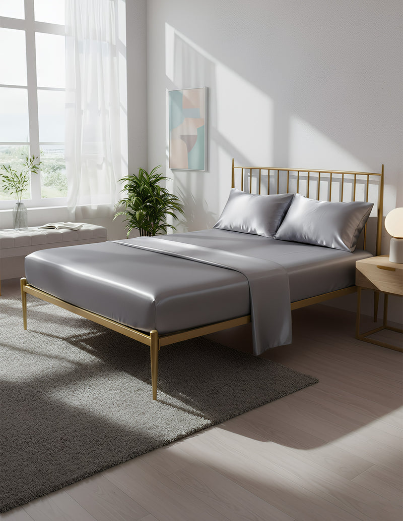 Anycozy Fitted Sheet Full Size Grey Luxury Silky Beddings Set with Pillow Cases