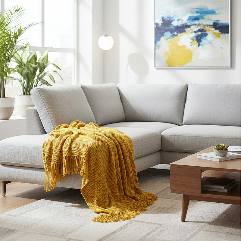 Anycozy Yellow Knitted Waffle Throw Blanket Tassel 130x230cm