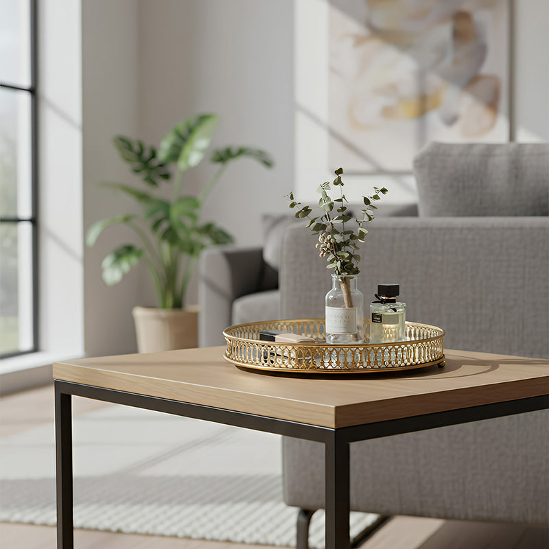 ANYHOUZ 25cm Gold Round Glass Mirror Base Metal Vanity Food Serving Organizer Jewelry Cosmetics Storage Tray with Handle