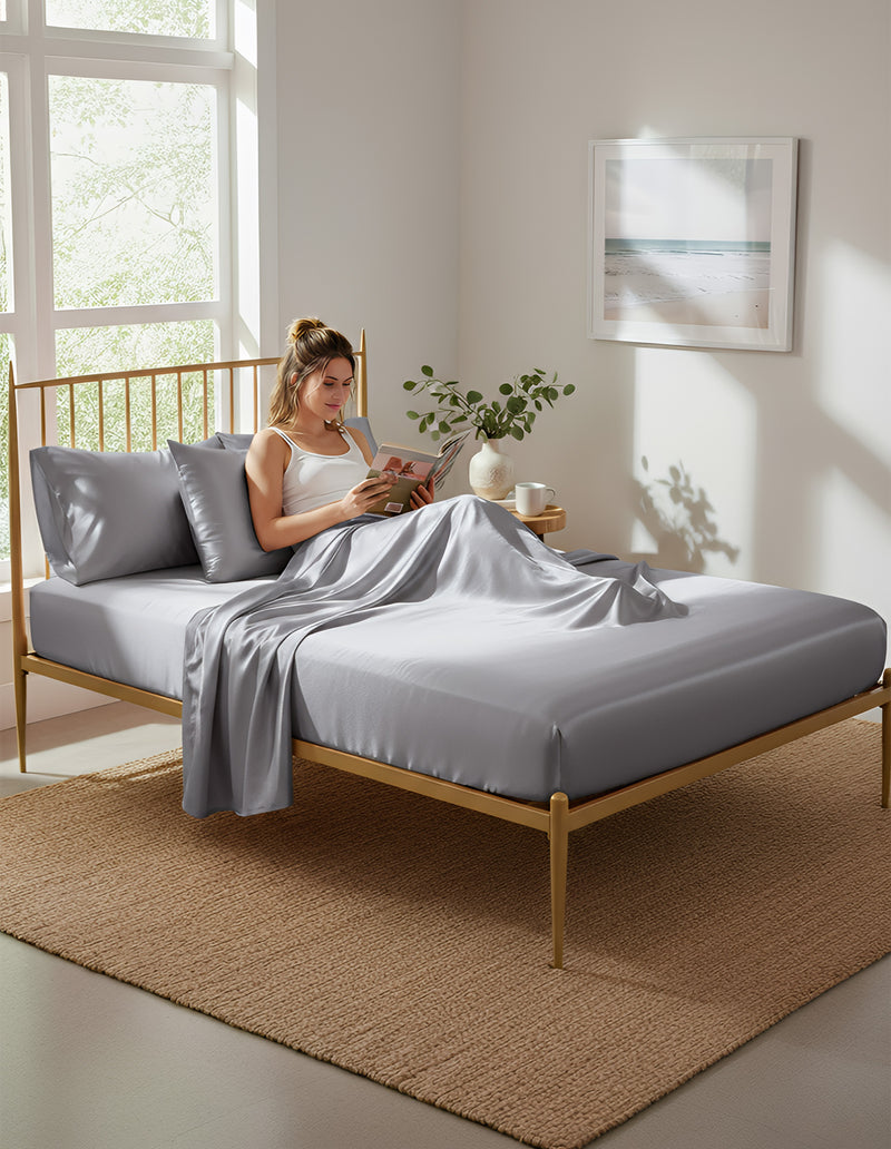 Anycozy Fitted Sheet King Size Grey Luxury Silky Beddings Set with Pillow Cases