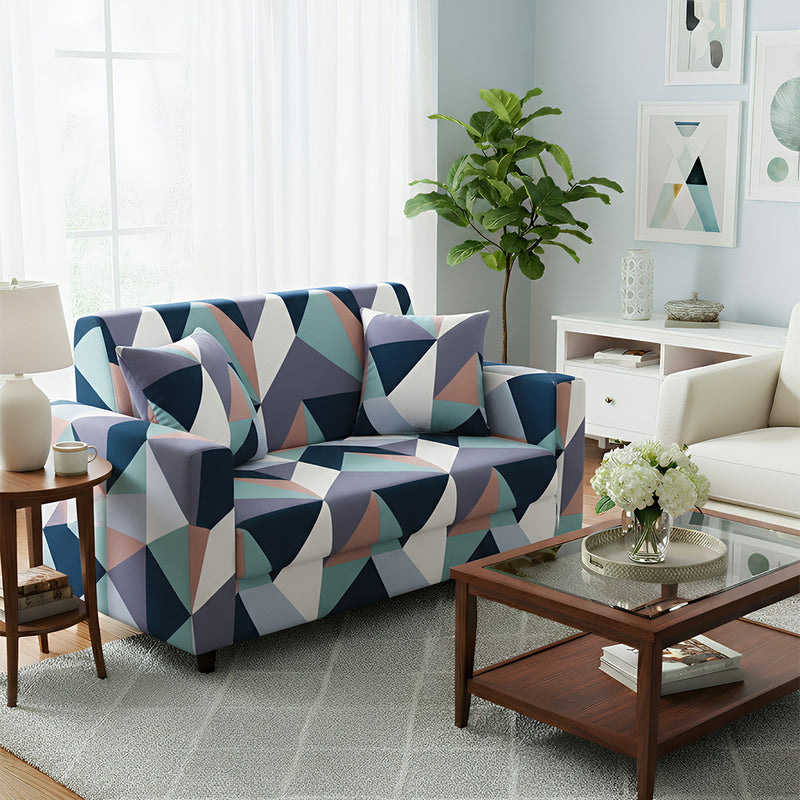 Anyseat 4-Seater Sofa Cover – Blue White Geometric Style Slipcover for Living Room Chair Protection
