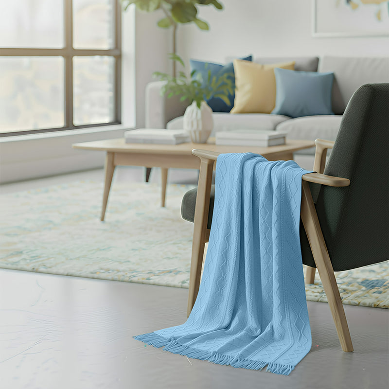 Anycozy Sky Blue Faux Cashmere Throw Blanket Diamond Knit 130x230cm