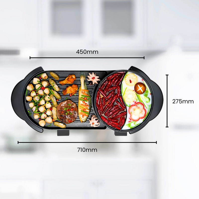2 in 1 Electric Non-Stick BBQ Teppanyaki Grill Plate Steamboat Dual Sided Hotpot
