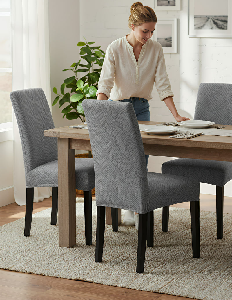 Anyseat Dark Grey Geometric Lines Design Chair Cover – Elastic Anti‑Dirt Design for Dining, Kitchen, Wedding, Hotel & Banquet Use