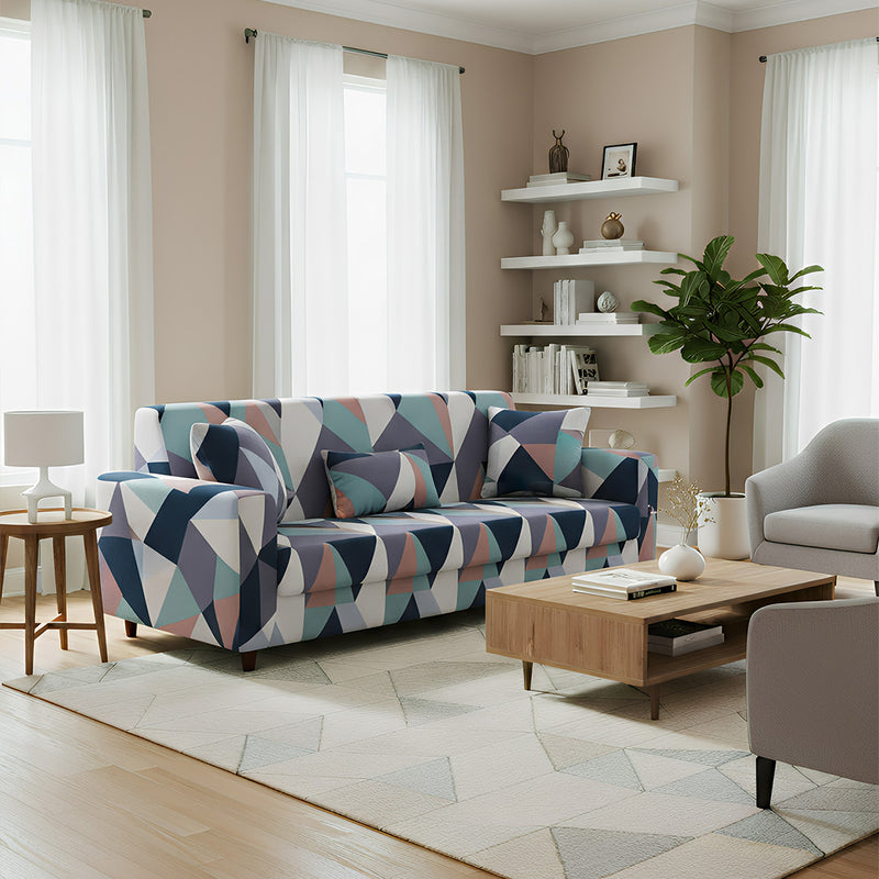 Anyseat 4-Seater Sofa Cover – Blue White Geometric Style Slipcover for Living Room Chair Protection