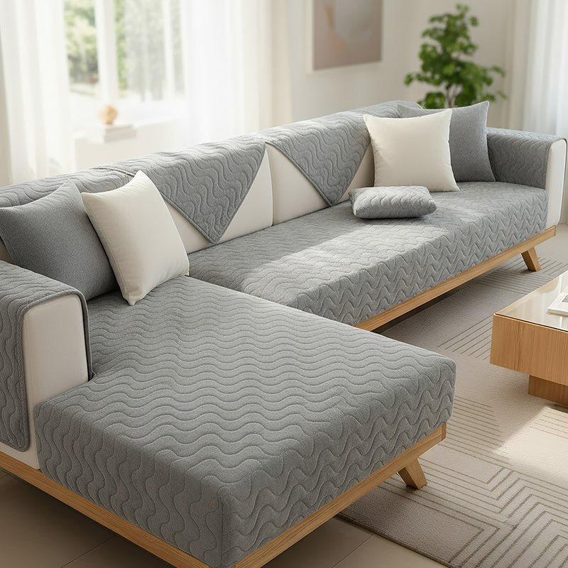 Anyseat Sofa Towel Super Soft Wave Gray Rabbit Plush Quilted Couch Cover L-shaped Sectional Anti-slip Sofa Cover