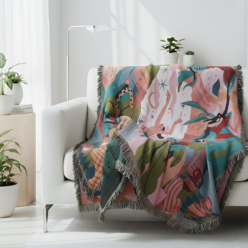 Anycozy Blue Forest Dancer Throw Blanket – Soft Faux Cashmere Sofa & Bed Cover with Tassels