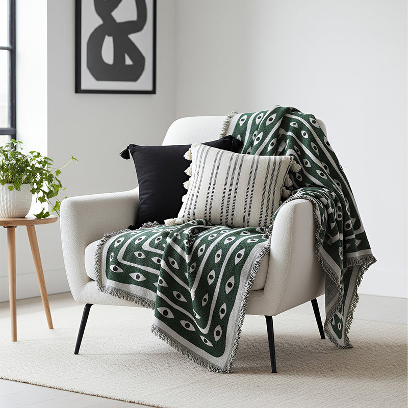 Anycozy Green Eye Snake Knitted Waffle Throw Blanket – Soft Tassel Sofa & Bed Cover
