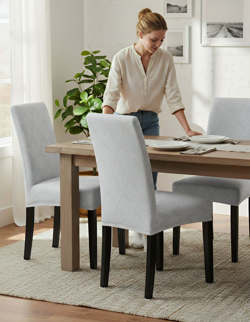 Anyseat Light Grey Geometric Lines Design Chair Cover – Elastic Anti‑Dirt Design for Dining, Kitchen, Wedding, Hotel & Banquet Use