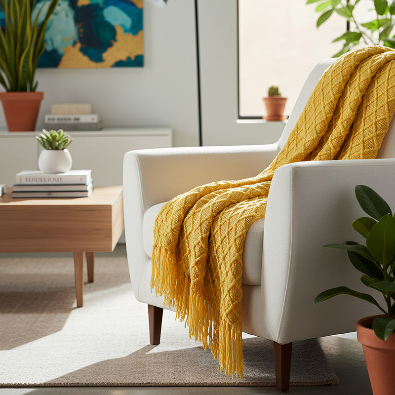 Anycozy Yellow Faux Cashmere Throw Blanket Nordic Knit Plaid – Soft Warm Decorative Couch & Bed Cover