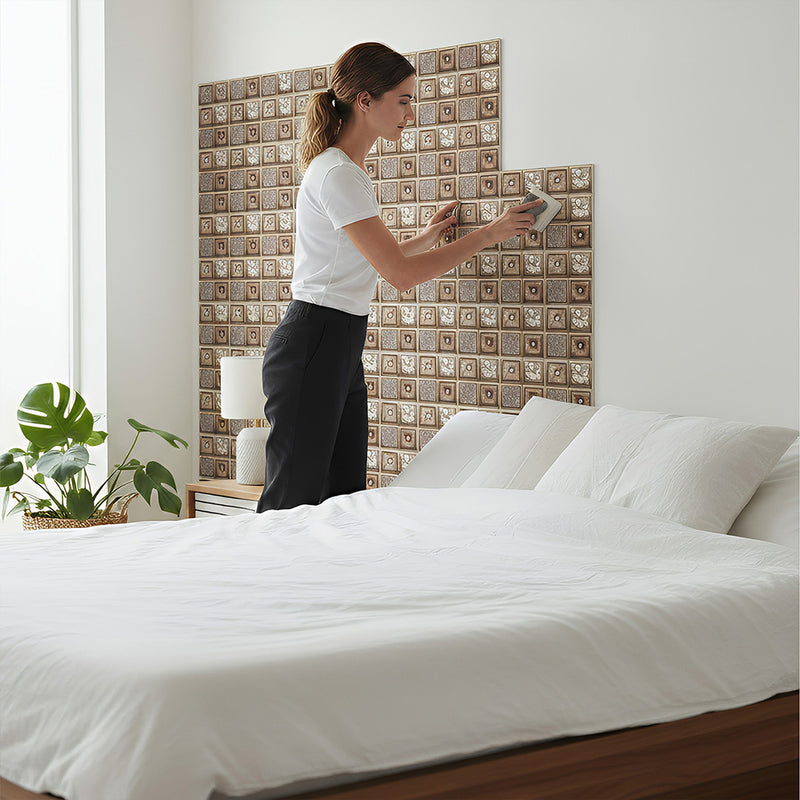 ANYHOUZ 10pcs Vinyl Wall Tile Brown Floral Sun Pattern Waterproof