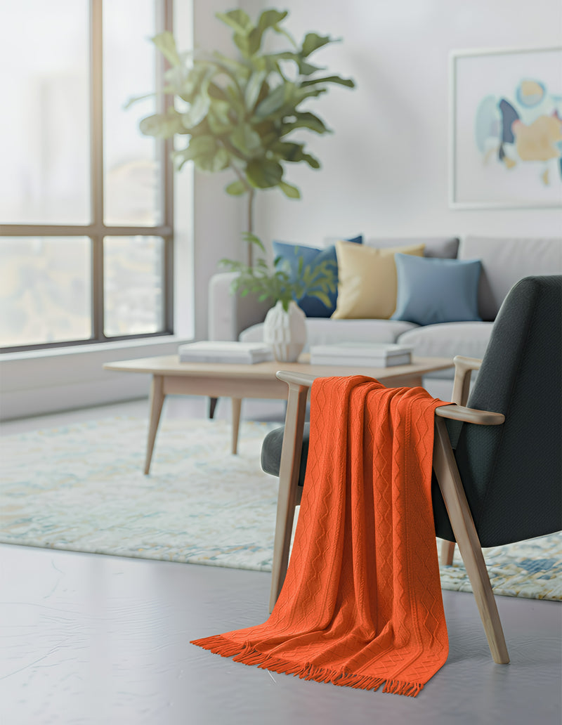 Anycozy Orange Faux Cashmere Throw Blanket Diamond Knit 130x230cm