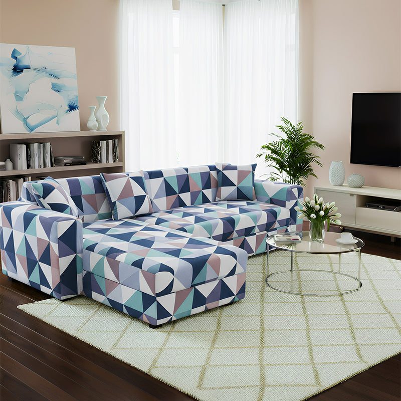 Anyseat 4-Seater Sofa Cover – Blue White Geometric Style Slipcover for Living Room Chair Protection