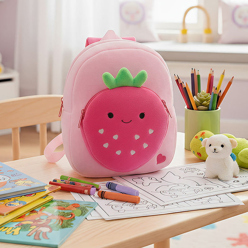 Anypack 3D  Pink Strawberry Kids School Backpack Cute Cartoon Animal Style Children Toddler Plush Bag Perfect Accessories For Boys and Girls