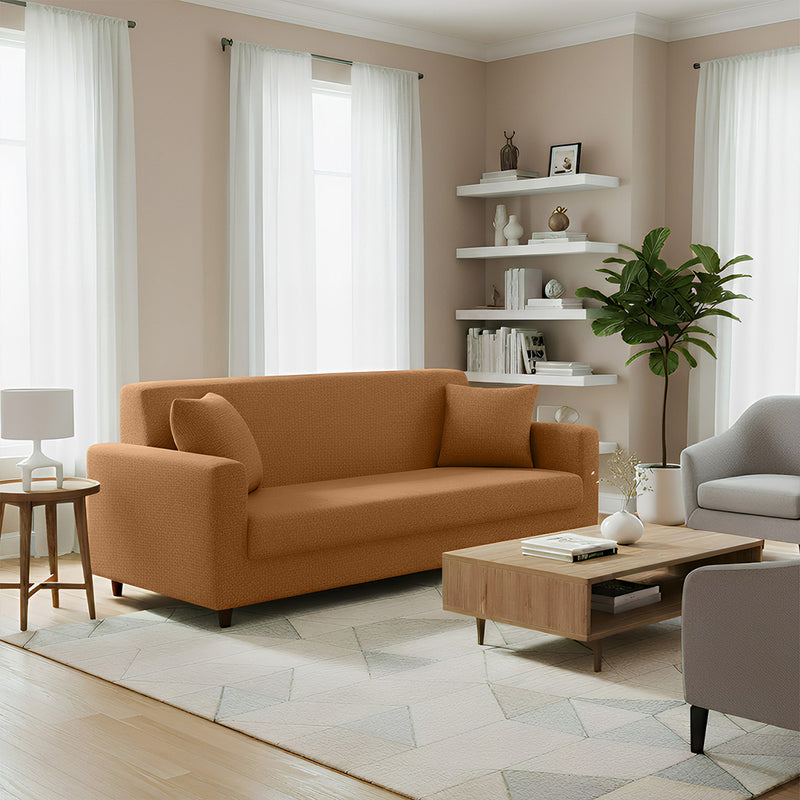 Anyhouz 3 Seater Sofa Cover Plain Caramel Style and Protection For Living Room Sofa Chair Elastic Stretchable Slipcover