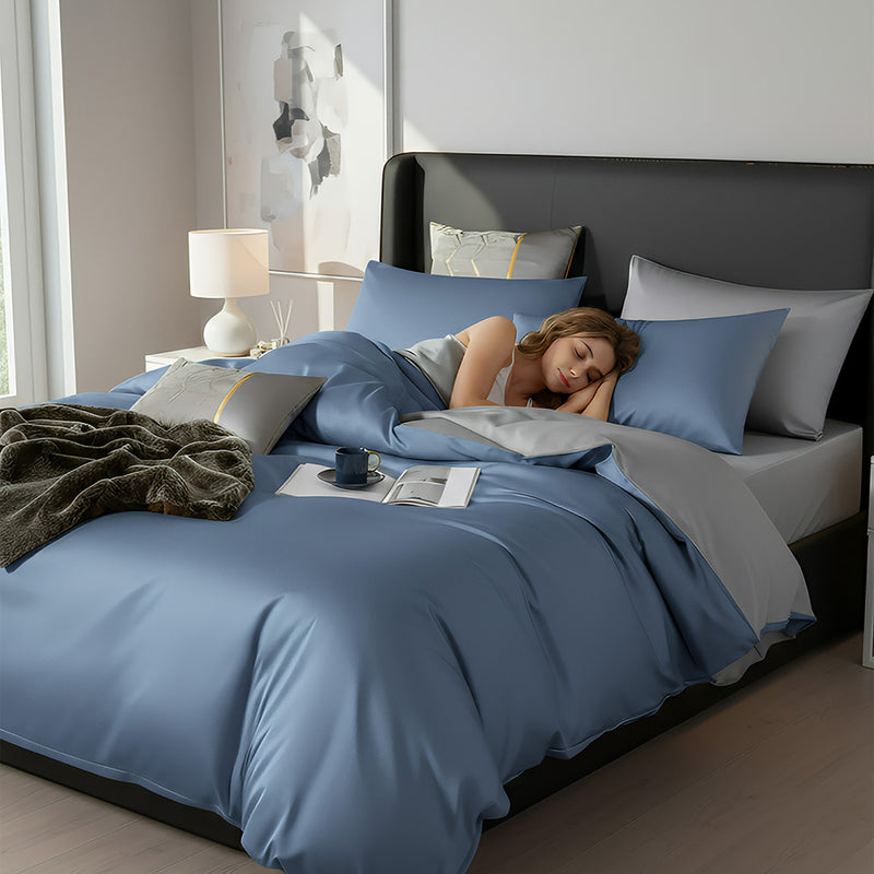 Anycozy Egyptian Cotton Duvet Comforter Set – UK King Size, Blue & Light Grey, Thick 6‑Piece Bedspread
