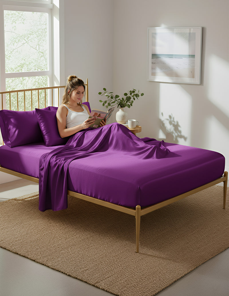 Anycozy Fitted Sheet Full Size Purple Luxury Silky Beddings Set with Pillow Cases