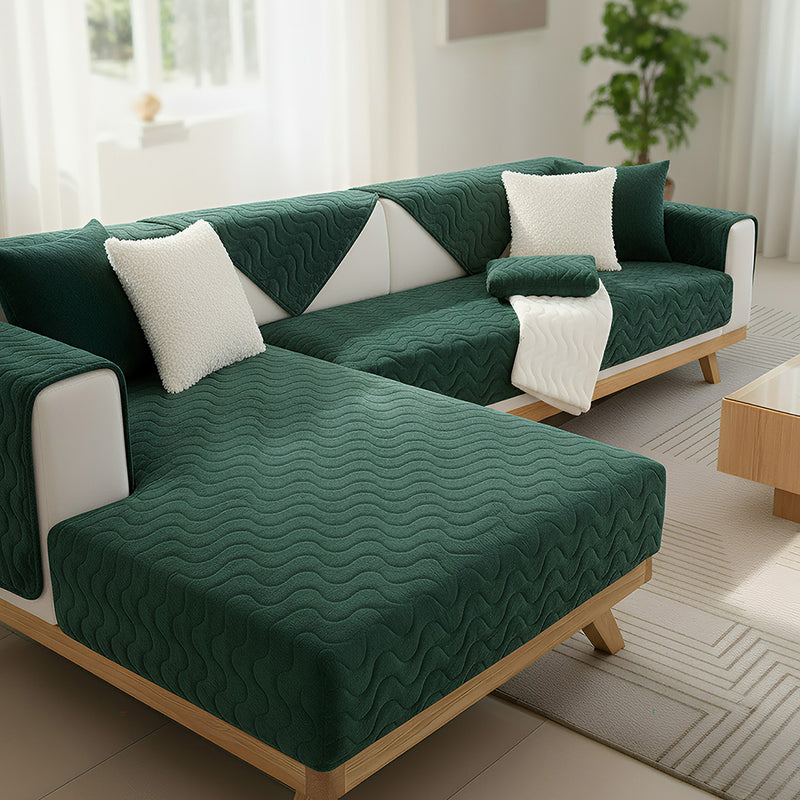 Anyseat Sofa Towel Super Soft Wave Dark Green Rabbit Plush Quilted Couch Cover L-shaped Sectional Anti-slip Sofa Cover