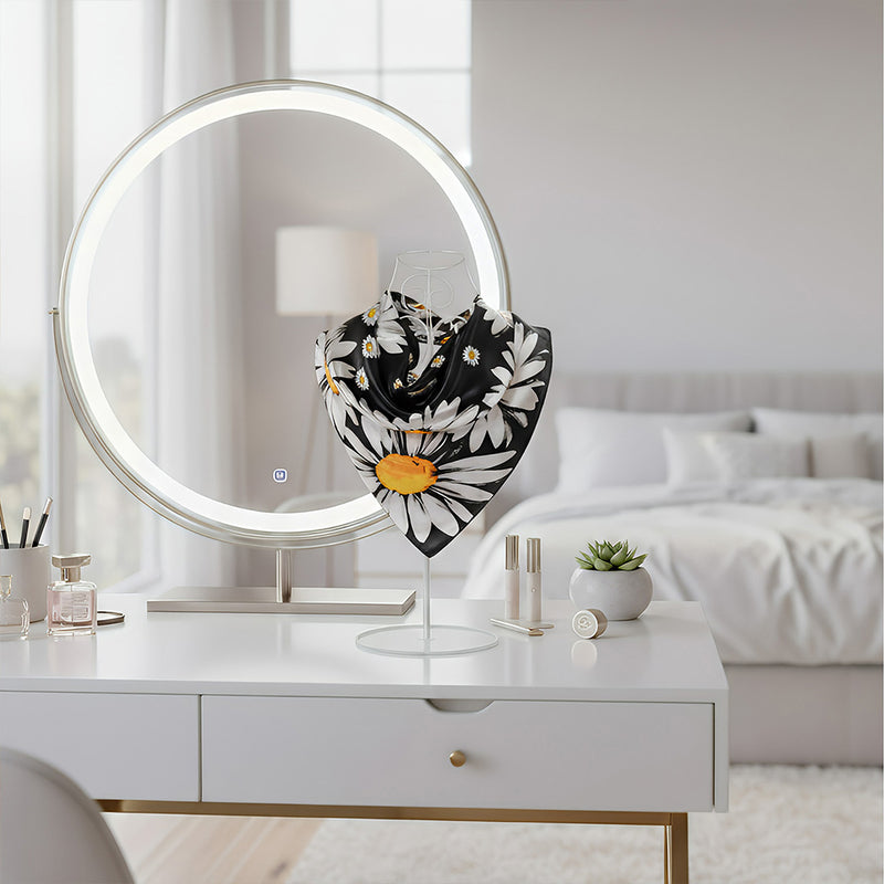 Anyyou Scarf for Women Daisy Black Floral Printed Square Silk Shawl For Summer Spring And Fall