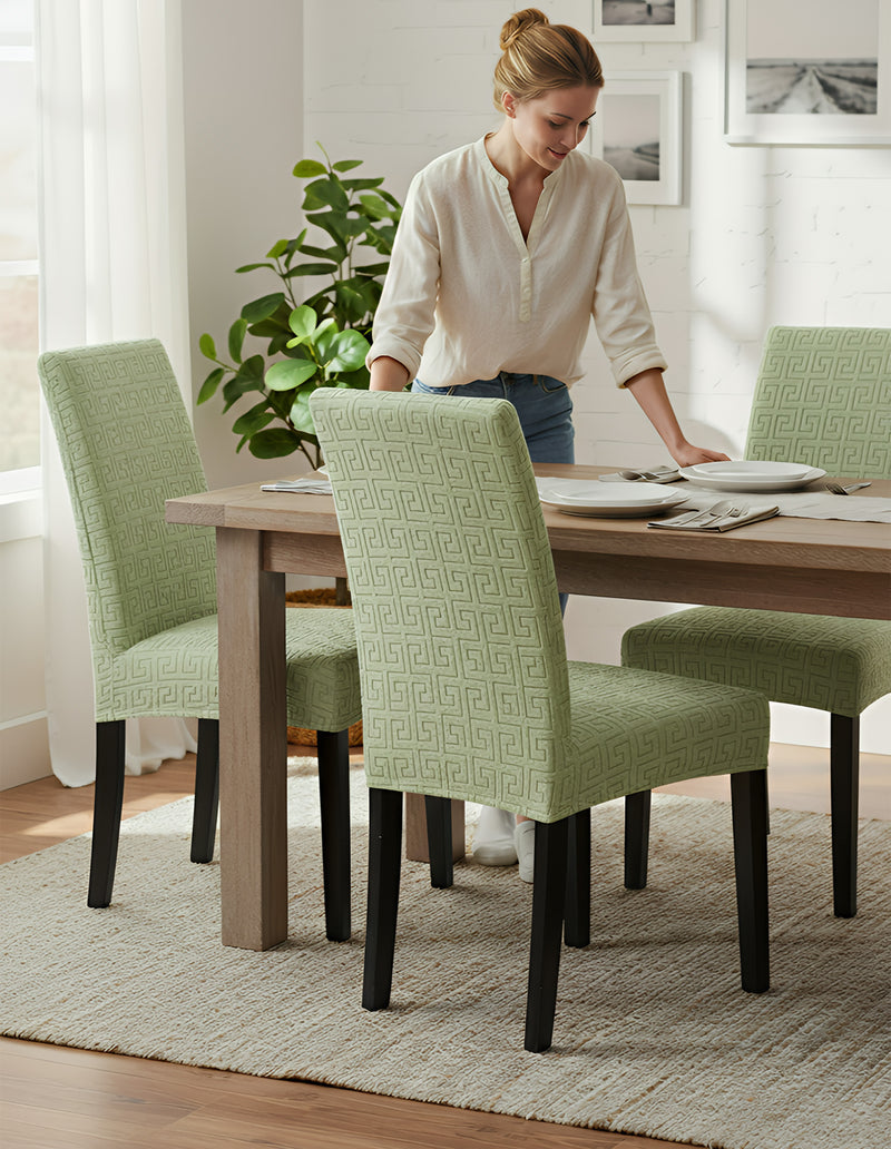 Anyseat Light Green Square Geometric Design Chair Cover – Elastic Anti‑Dirt Design for Dining, Kitchen, Wedding, Hotel & Banquet Use