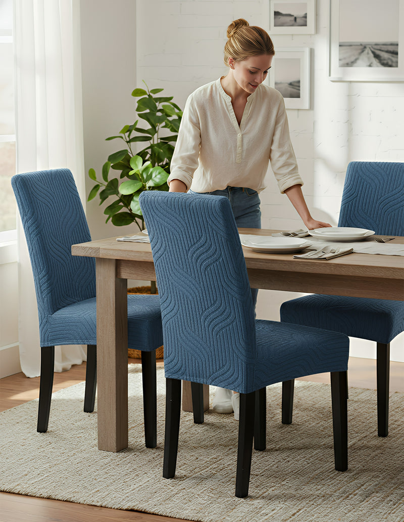 Anyseat Blue Linear Knitted Chair Cover – Elastic Anti‑Dirt Design for Dining, Kitchen, Wedding, Hotel & Banquet Use