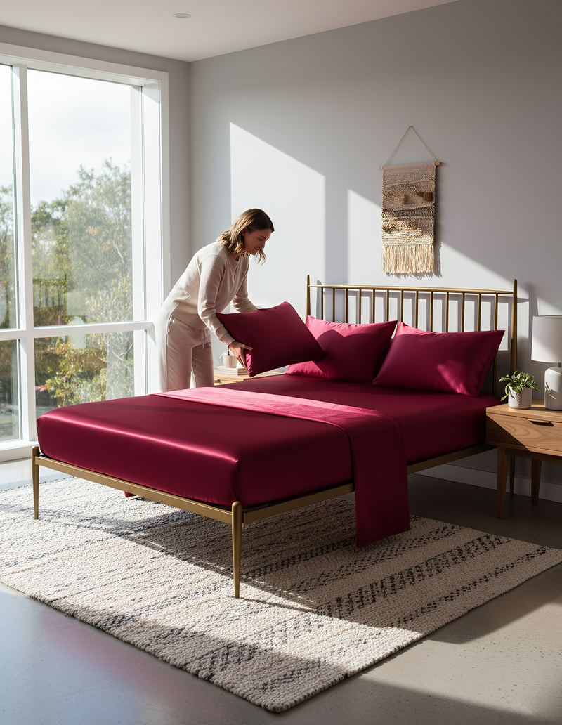 Anycozy Fitted Sheet Queen Size Winered Luxury Silky Beddings Set with Pillow Cases