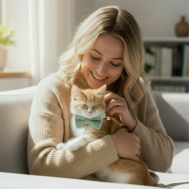 Anypet Stylish Sage Green Bow Cat Collar – Small Size with Safety Buckle, Bell & Durable Strap